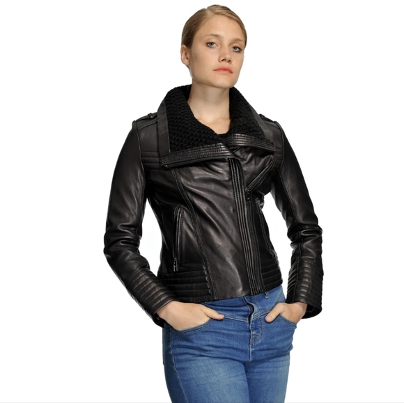 Michael Kors black moto leather jacket with knit collar. - Picture 2 of 9